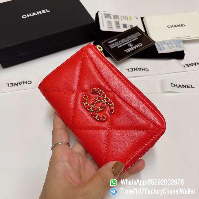 187 Factory Chanel W2allet 19 Zipped Card Holder Bright Red Gold Tone Ruthenium Finish Metal 0