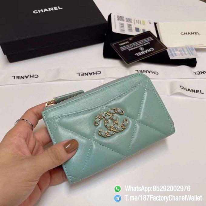 187 Factory Chanel Wallet 19 Zipped Card Holder Aqua Gold Tone Ruthenium Finish Metal 01