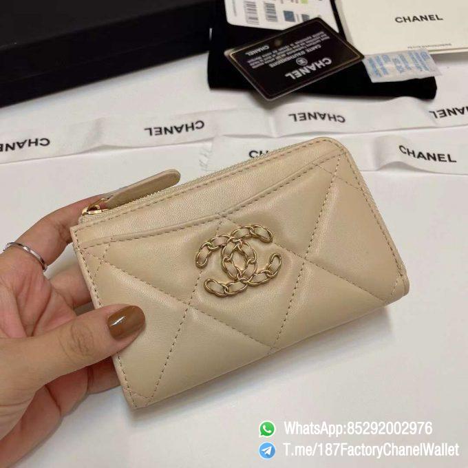 187 Factory Chanel Wallet 19 Zipped Card Holder Beige Gold Tone Ruthenium Finish Metal 01