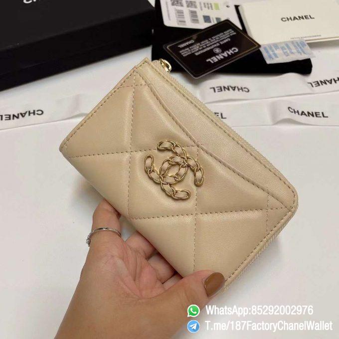 187 Factory Chanel Wallet 19 Zipped Card Holder Beige Gold Tone Ruthenium Finish Metal 02