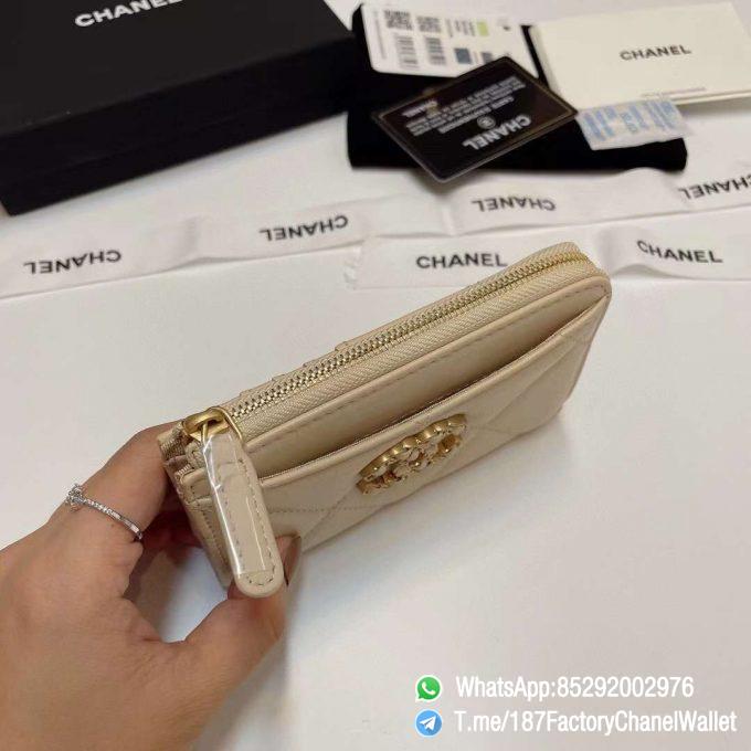 187 Factory Chanel Wallet 19 Zipped Card Holder Beige Gold Tone Ruthenium Finish Metal 05