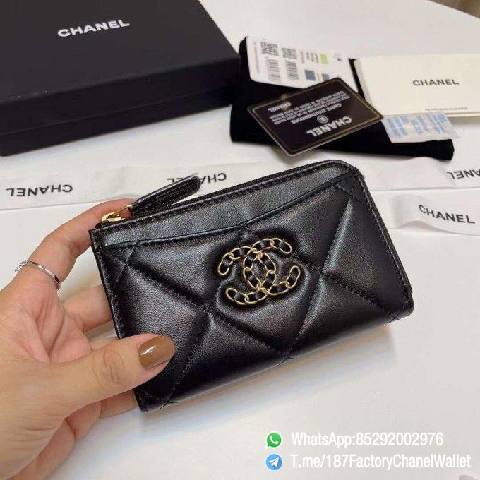 187 Factory Chanel Wallet 19 Zipped Card Holder Black Gold Tone Ruthenium Finish Metal 01