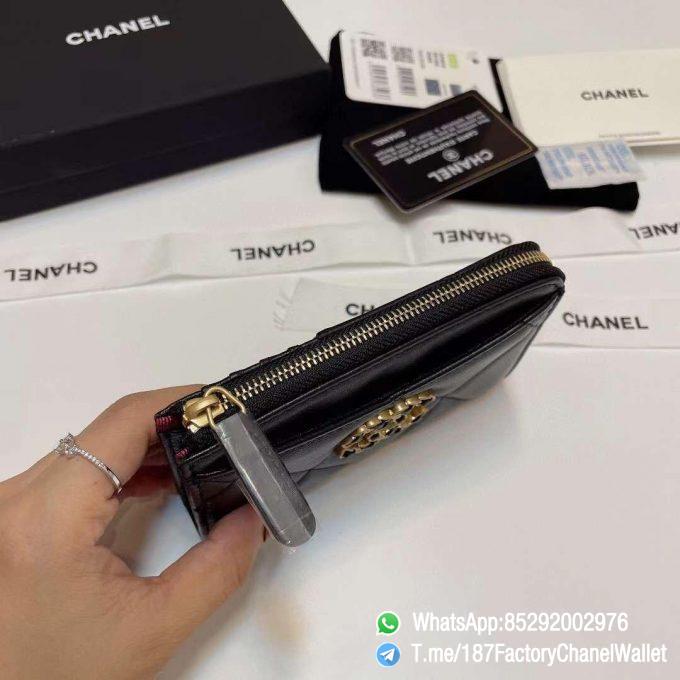 187 Factory Chanel Wallet 19 Zipped Card Holder Black Gold Tone Ruthenium Finish Metal 05