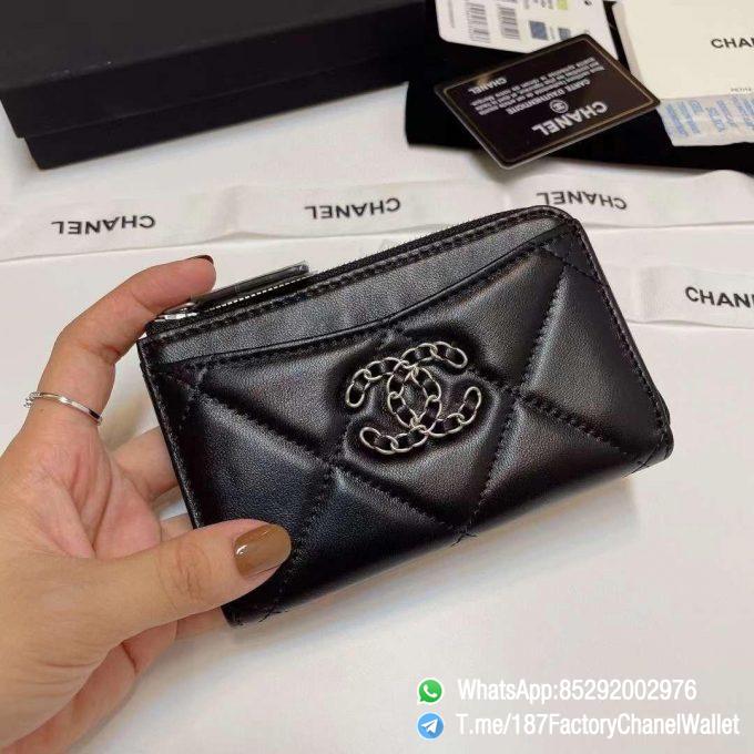 187 Factory Chanel Wallet 19 Zipped Card Holder Black Silver Tone Ruthenium Finish Metal 01