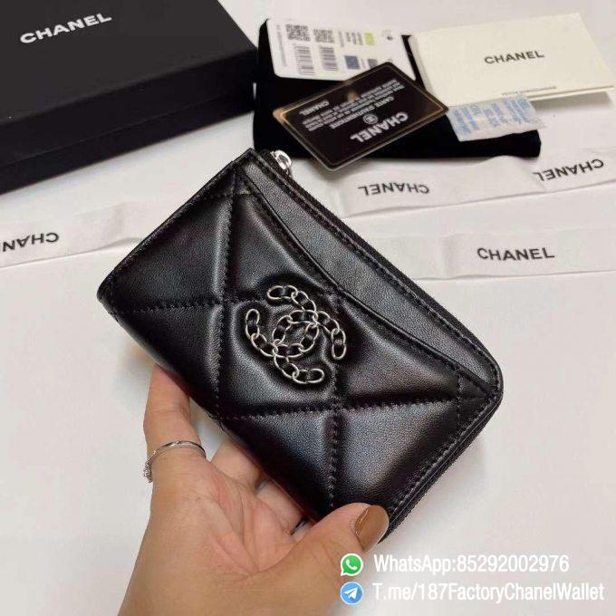 187 Factory Chanel Wallet 19 Zipped Card Holder Black Silver Tone Ruthenium Finish Metal 02