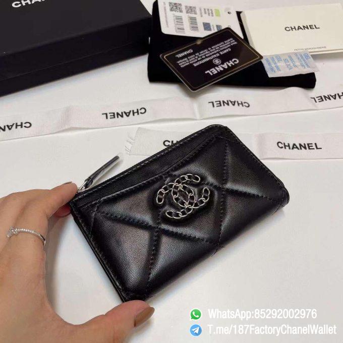 187 Factory Chanel Wallet 19 Zipped Card Holder Black Silver Tone Ruthenium Finish Metal 04