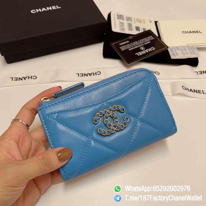 187 Factory Chanel Wallet 19 Zipped Card Holder Blue Gold Tone Ruthenium Finish Metal 01