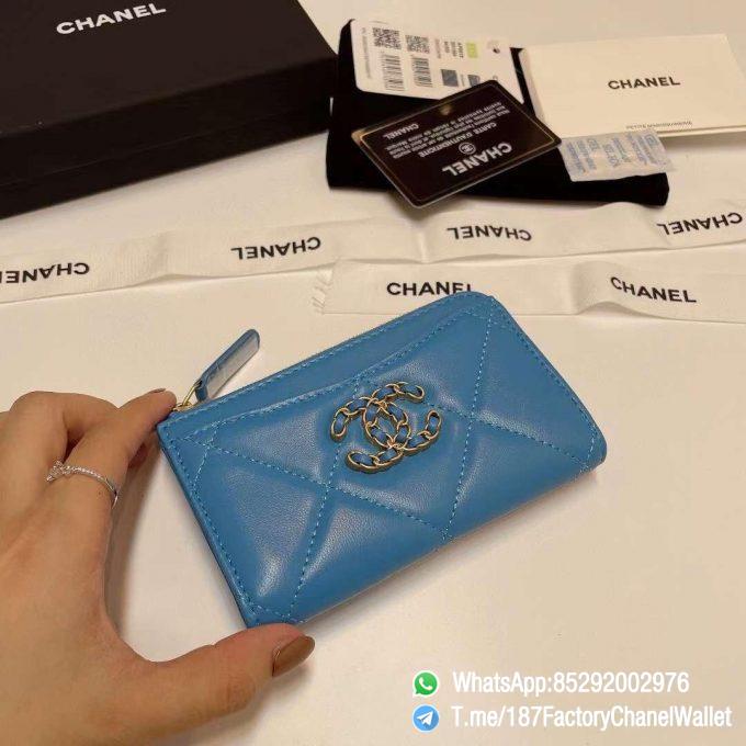 187 Factory Chanel Wallet 19 Zipped Card Holder Blue Gold Tone Ruthenium Finish Metal 04