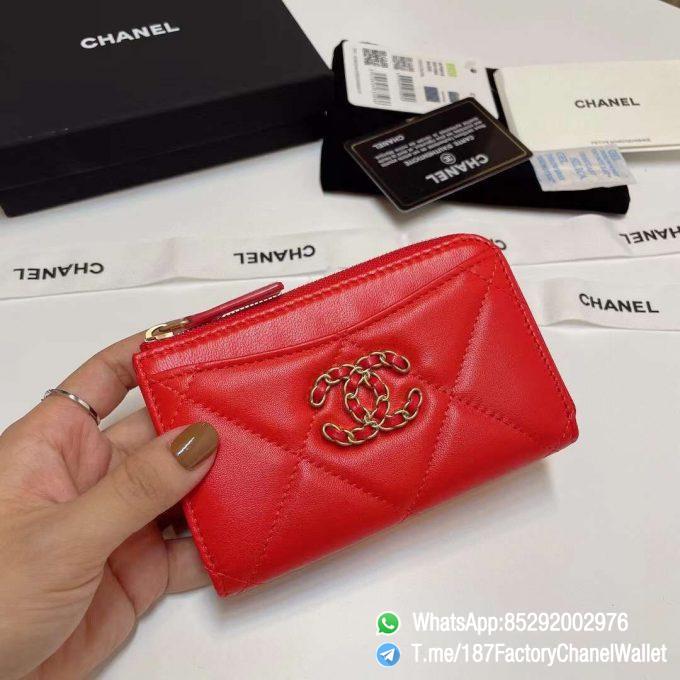 187 Factory Chanel Wallet 19 Zipped Card Holder Bright Red Gold Tone Ruthenium Finish Metal 01