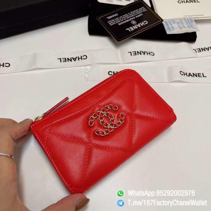 187 Factory Chanel Wallet 19 Zipped Card Holder Bright Red Gold Tone Ruthenium Finish Metal 03