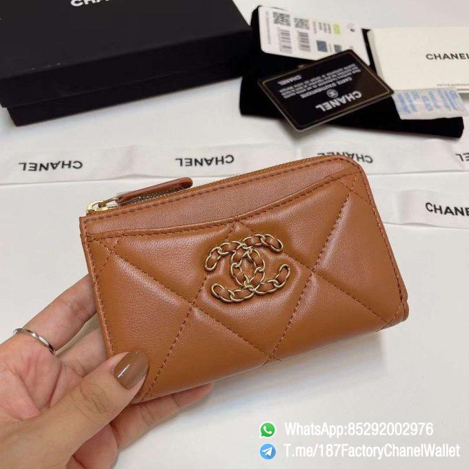 187 Factory Chanel Wallet 19 Zipped Card Holder Brown Gold Tone Ruthenium Finish Metal 01