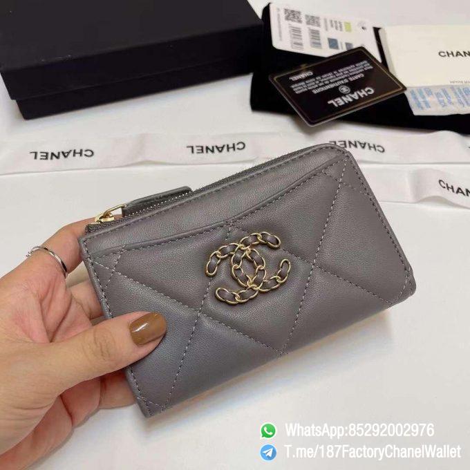 187 Factory Chanel Wallet 19 Zipped Card Holder Grey Gold Tone Ruthenium Finish Metal 01