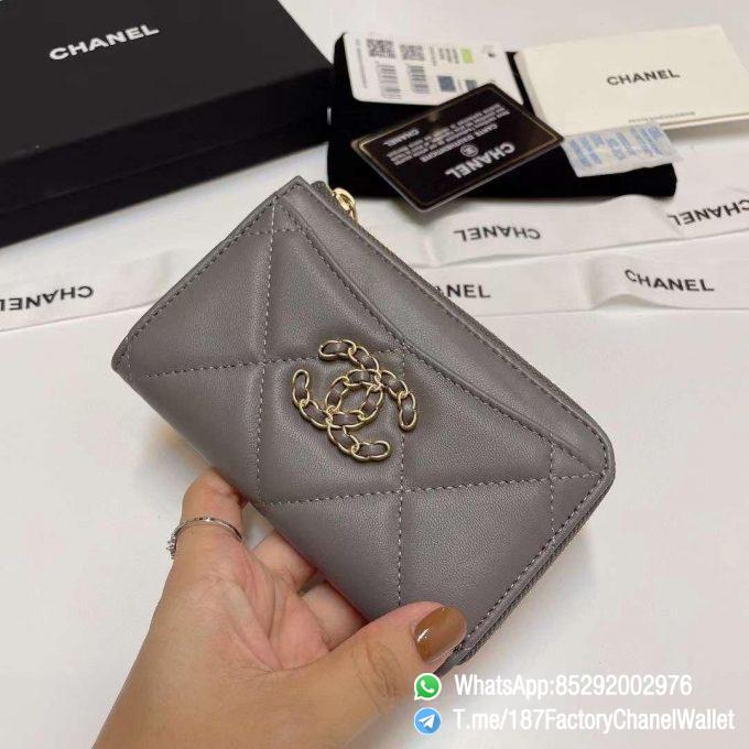 187 Factory Chanel Wallet 19 Zipped Card Holder Grey Gold Tone Ruthenium Finish Metal 02