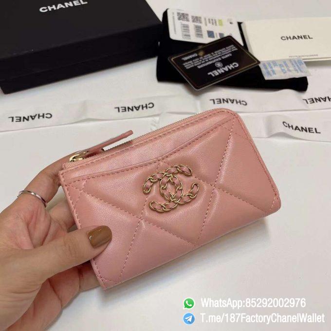 187 Factory Chanel Wallet 19 Zipped Card Holder Pink Gold Tone Ruthenium Finish Metal 01