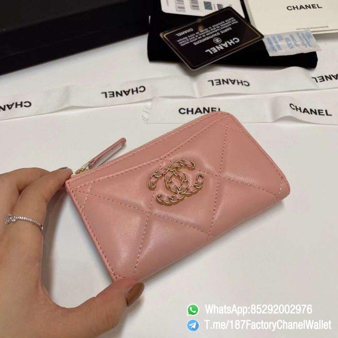 187 Factory Chanel Wallet 19 Zipped Card Holder Pink Gold Tone Ruthenium Finish Metal 03