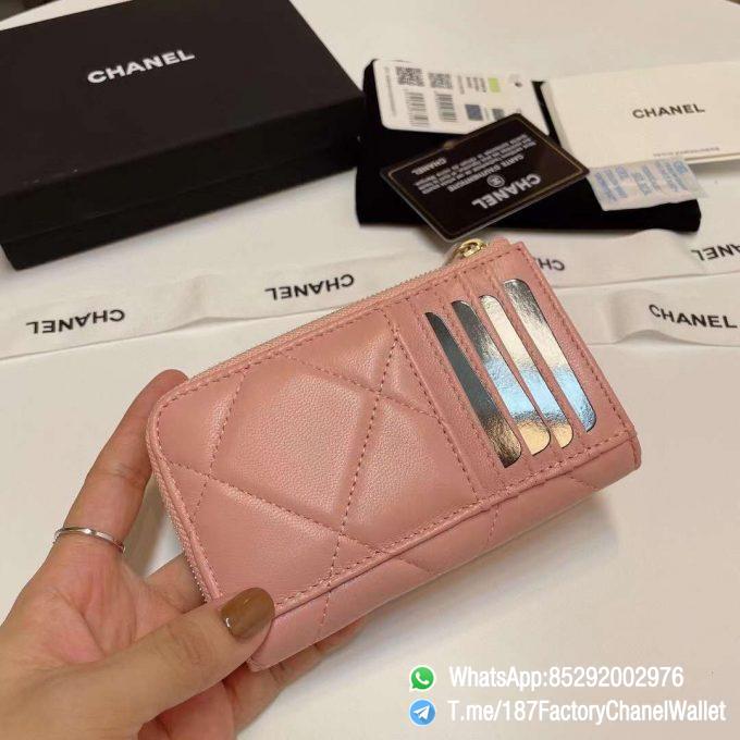 187 Factory Chanel Wallet 19 Zipped Card Holder Pink Gold Tone Ruthenium Finish Metal 04