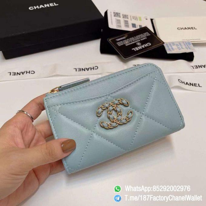 187 Factory Chanel Wallet 19 Zipped Card Holder Sky Blue Gold Tone Ruthenium Finish Metal 01