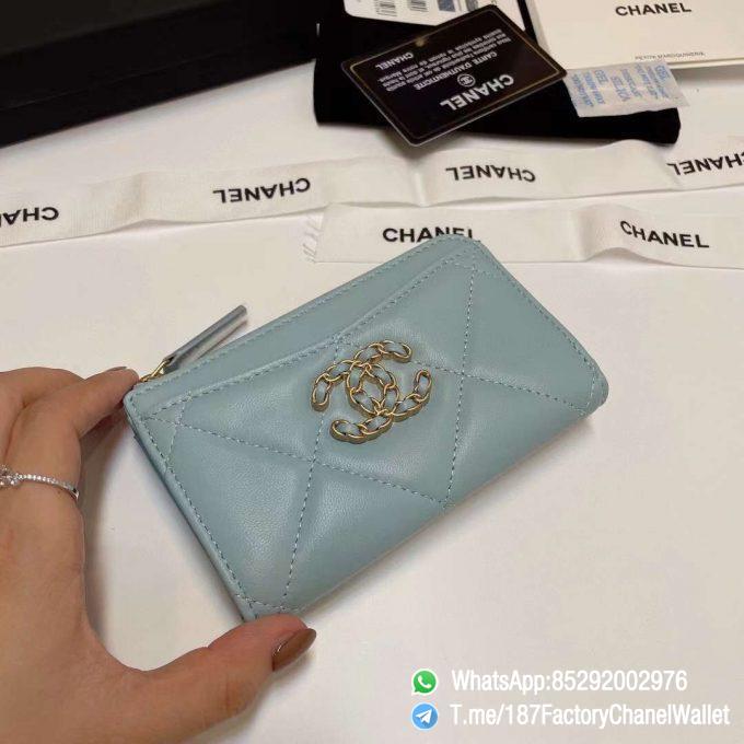 187 Factory Chanel Wallet 19 Zipped Card Holder Sky Blue Gold Tone Ruthenium Finish Metal 03