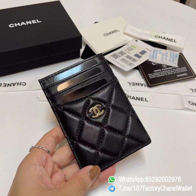 187 Factory Chanel Classic Card Holder Black Gold Tone Metal Shiny Lambskin 01