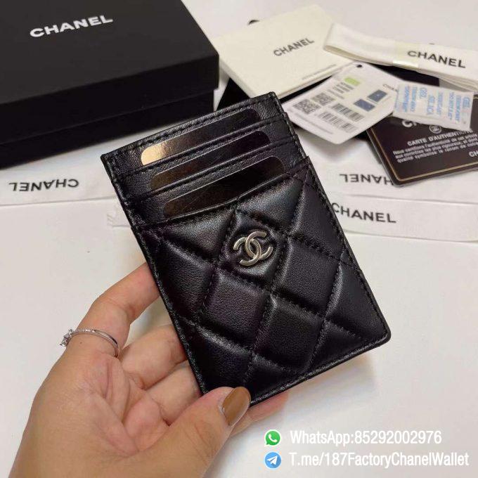 187 Factory Chanel Classic Card Holder Black Silver Tone Metal Shiny Lambskin 01