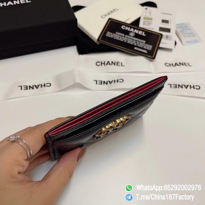 187 Factory Bags Chanel 19 Card Holder Black Shiny Lambskin Gold Tone Metal 05