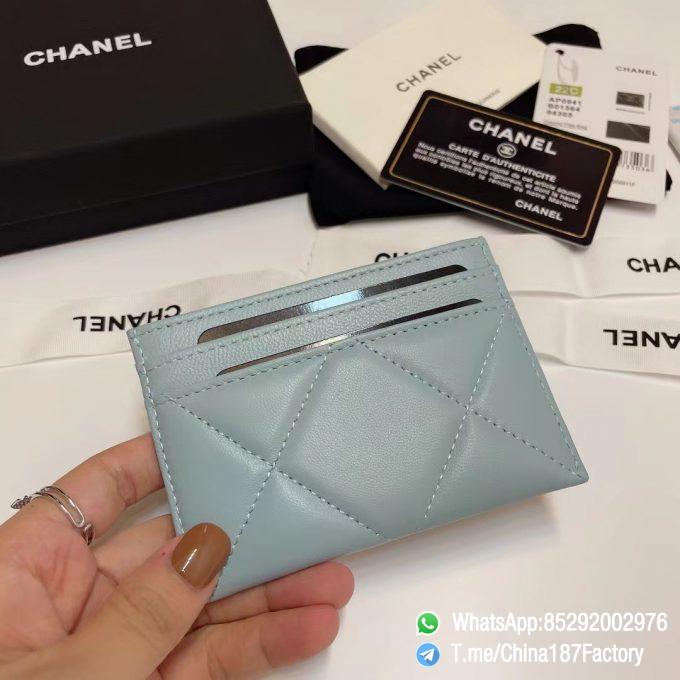 187 Factory Bags Chanel 19 Card Holder Sky Blue Shiny Lambskin Gold Tone Metal 03