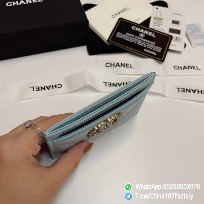 187 Factory Bags Chanel 19 Card Holder Sky Blue Shiny Lambskin Gold Tone Metal 05