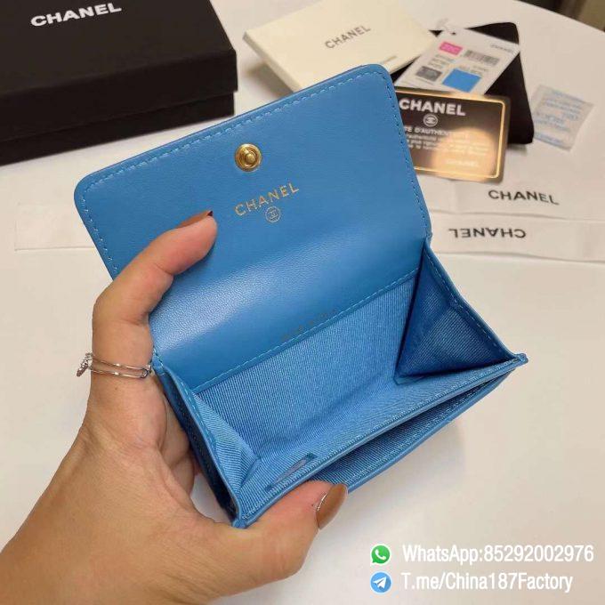 187 Factory Bags Chanel 19 Flap Card Holder Blue Shiny Lambskin Gold Tone Metal 07