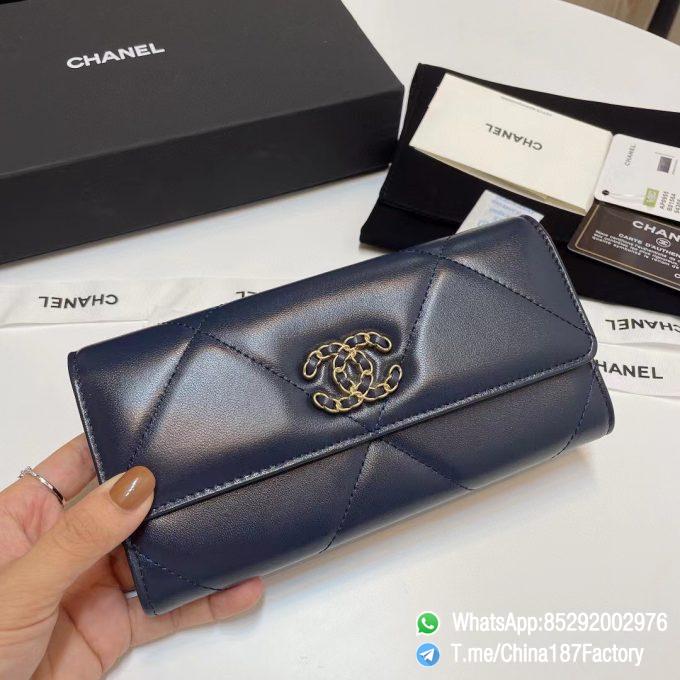 187 Factory Bags Chanel 19 Long Wallet Abysse Blue Shiny Lambskin Gold Tone Metal 01