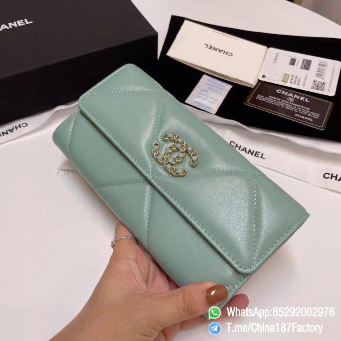 187 Factory Bags Chanel 19 Long Wallet Aqua Green Shiny Lambskin Gold Tone Metal 02