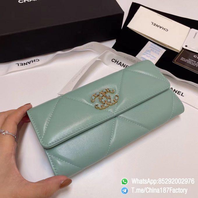 187 Factory Bags Chanel 19 Long Wallet Aqua Green Shiny Lambskin Gold Tone Metal 03