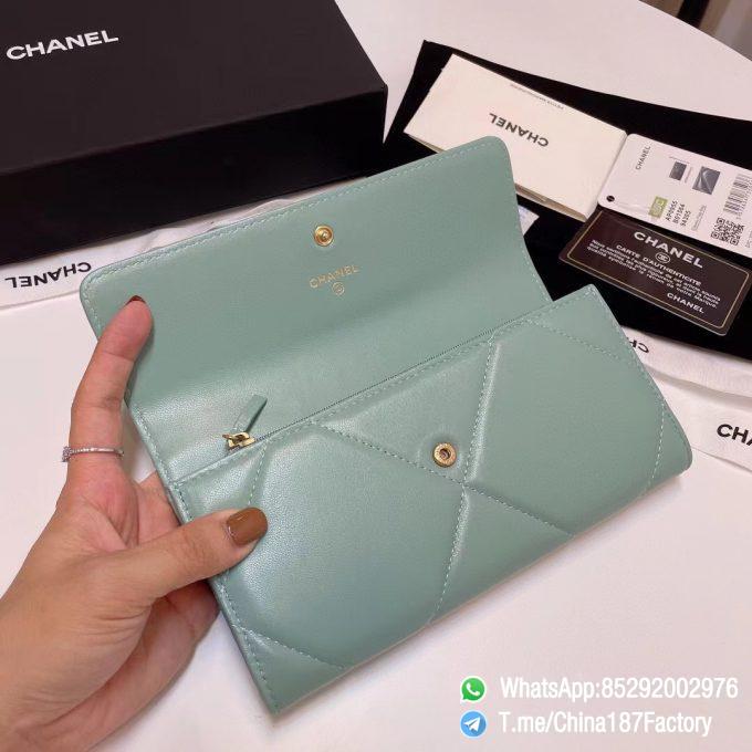 187 Factory Bags Chanel 19 Long Wallet Aqua Green Shiny Lambskin Gold Tone Metal 06