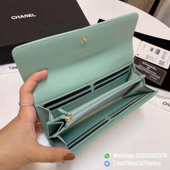 187 Factory Bags Chanel 19 Long Wallet Aqua Green Shiny Lambskin Gold Tone Metal 07