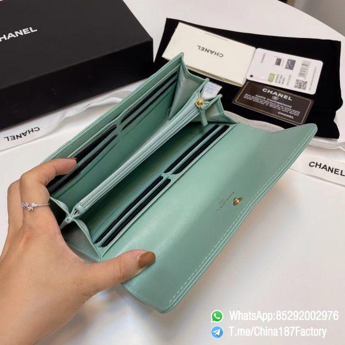 187 Factory Bags Chanel 19 Long Wallet Aqua Green Shiny Lambskin Gold Tone Metal 08