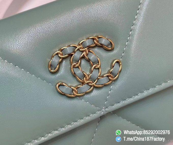 187 Factory Bags Chanel 19 Long Wallet Aqua Green Shiny Lambskin Gold Tone Metal 09