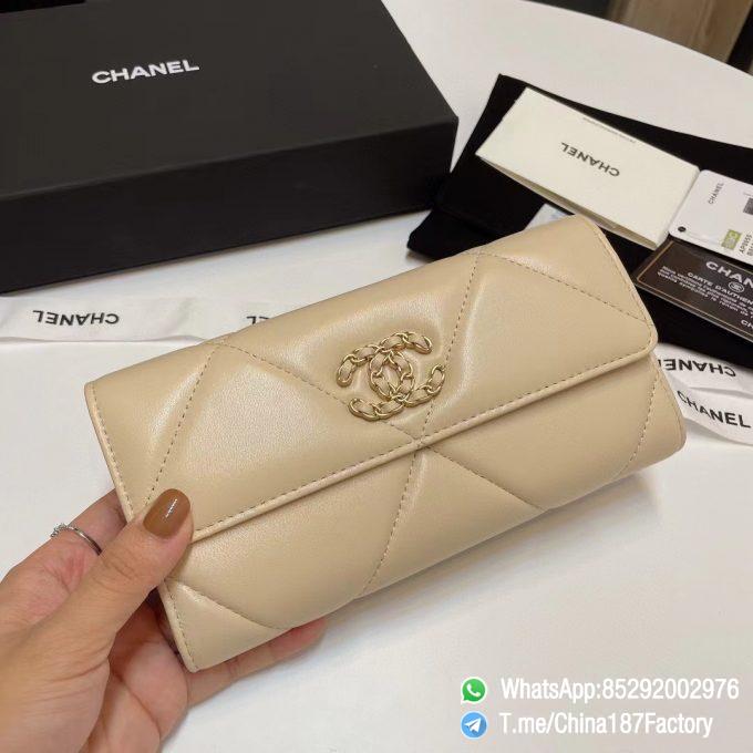 187 Factory Bags Chanel 19 Long Wallet Beige Shiny Lambskin Gold Tone Metal 01