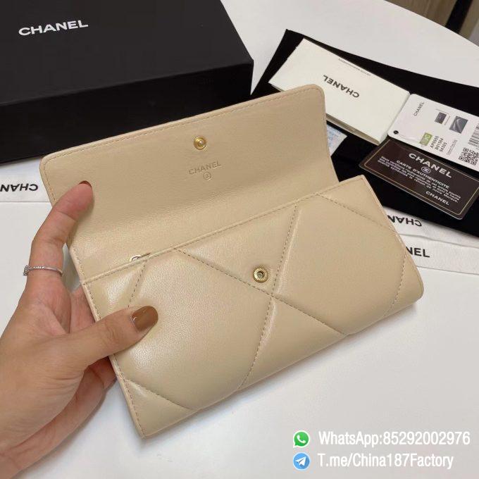 187 Factory Bags Chanel 19 Long Wallet Beige Shiny Lambskin Gold Tone Metal 06