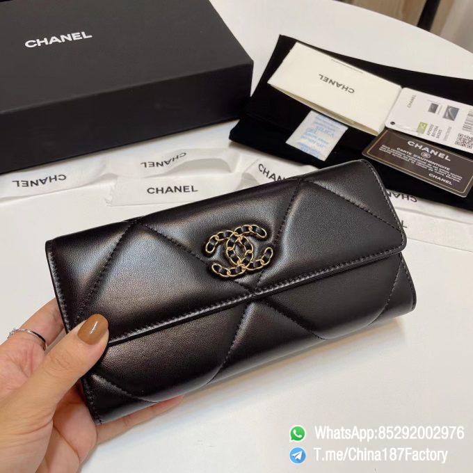 187 Factory Bags Chanel 19 Long Wallet Black Shiny Lambskin Gold Tone Metal 01