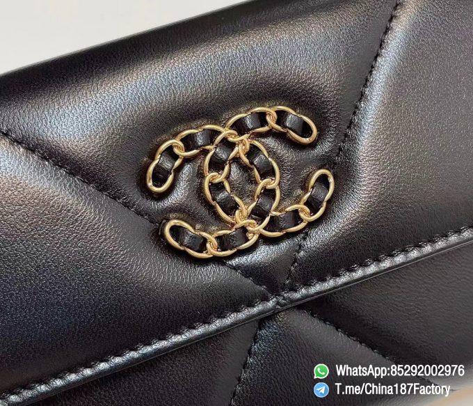 187 Factory Bags Chanel 19 Long Wallet Black Shiny Lambskin Gold Tone Metal 09