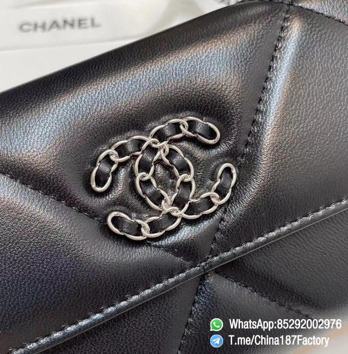 187 Factory Bags Chanel 19 Long Wallet Black Shiny Lambskin Silver Tone Metal 09