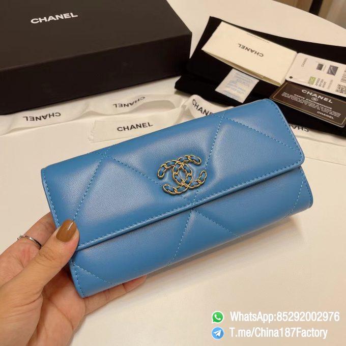 187 Factory Bags Chanel 19 Long Wallet Blue Shiny Lambskin Gold Tone Metal 01