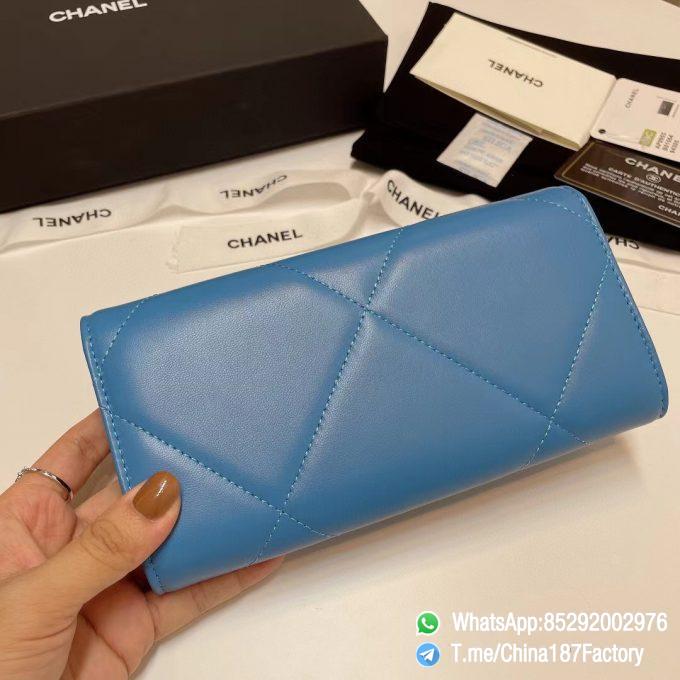 187 Factory Bags Chanel 19 Long Wallet Blue Shiny Lambskin Gold Tone Metal 03