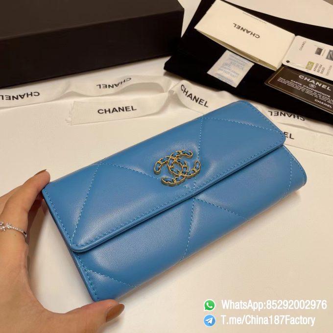 187 Factory Bags Chanel 19 Long Wallet Blue Shiny Lambskin Gold Tone Metal 04