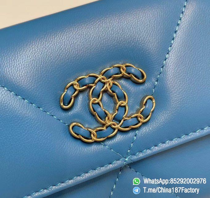 187 Factory Bags Chanel 19 Long Wallet Blue Shiny Lambskin Gold Tone Metal 09