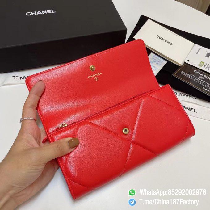 187 Factory Bags Chanel 19 Long Wallet Bright Red Shiny Lambskin Gold Tone Metal 06