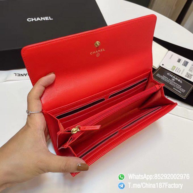 187 Factory Bags Chanel 19 Long Wallet Bright Red Shiny Lambskin Gold Tone Metal 07