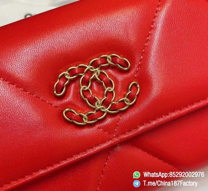 187 Factory Bags Chanel 19 Long Wallet Bright Red Shiny Lambskin Gold Tone Metal 09