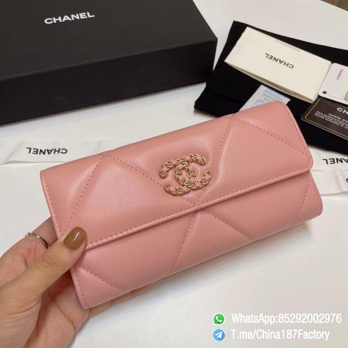 187 Factory Bags Chanel 19 Long Wallet Pink Shiny Lambskin Gold Tone Metal 01