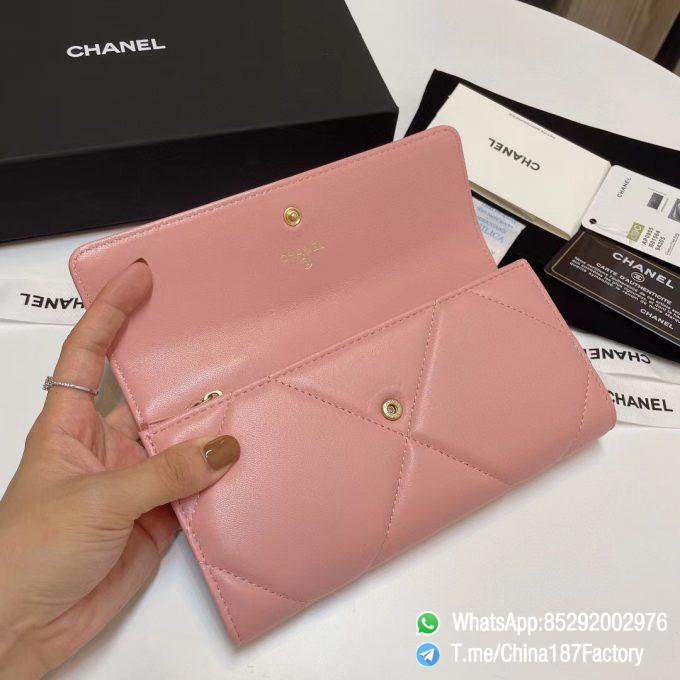 187 Factory Bags Chanel 19 Long Wallet Pink Shiny Lambskin Gold Tone Metal 06