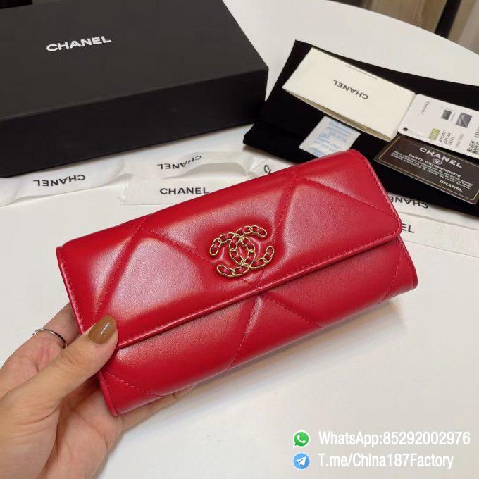 187 Factory Bags Chanel 19 Long Wallet Red Shiny Lambskin Gold Tone Metal 01